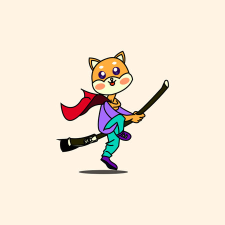 cat riding broom halloween mascot logo icon. vector illustration of a human body cat flying with a broom, simple cartoon design. great for Halloween day, children's education, entertainment etc.のイラスト素材