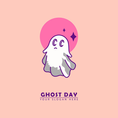 halloween day icon vector logo. vector illustration of cute ghost flying dancing on the pink moon, simple cartoon design. great for Halloween day, children's education, entertainment etc.のイラスト素材
