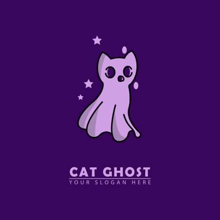 cute cat ghost mascot logo icon. vector illustration of cute flying cat ghost, simple cartoon design. great for Halloween day, children's education, entertainment etc.のイラスト素材