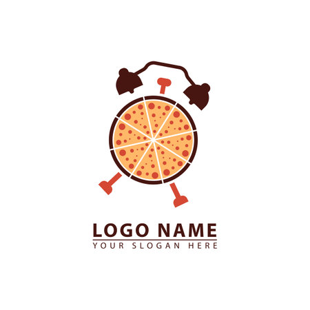 Pizza and alarm clock vector logo icon. Abstract vector graphics simple elegant flat illustration style.のイラスト素材