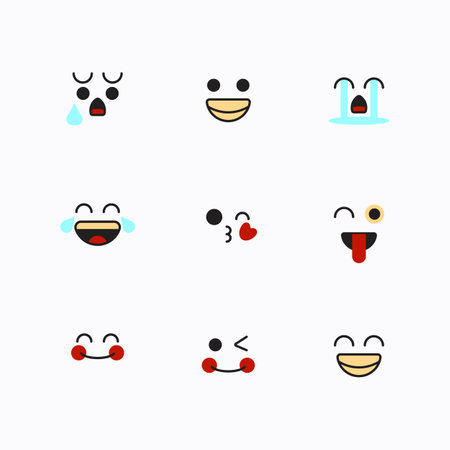 Emoticons with various funny expressions icon set. Emoji faces collection. Emoji flat style. Happy and sad emoji expressions.のイラスト素材
