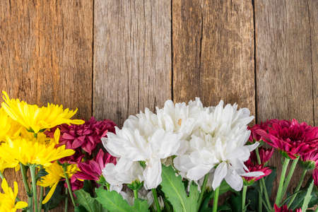 concept flowers on wooden table with copy space for word or textの写真素材