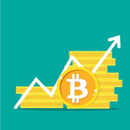 Bitcoin growth concept. Stacks of gold coins like income graph with bitcoin. Vector illustration isolated on colored backgroundのイラスト素材