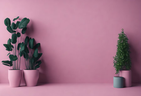 Potted plants on pink wall background. Minimal concept. 3D Renderingの素材