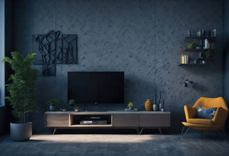 Interior of modern living room with black walls, concrete floor, comfortable yellow armchair and tv. 3d renderingの素材