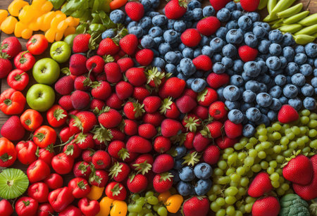 Fresh fruits and vegetables background. Healthy food concept. Top view.の素材