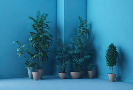 Plants in pots on blue wall background. 3D rendering.の素材
