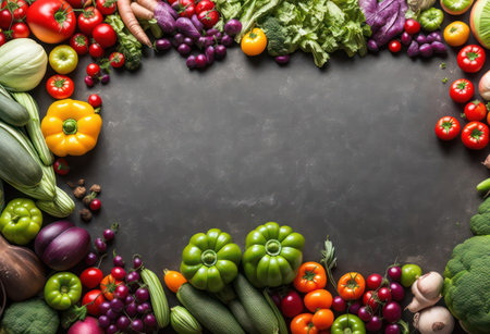 Healthy food background with fresh vegetables on blackboard, top viewの素材