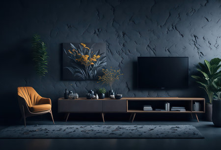 Interior of modern living room with black walls, concrete floor, brown sofa and TV screen. 3d renderingの素材