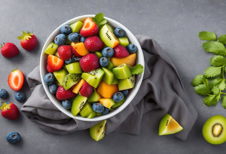 Fresh fruit salad with kiwi, strawberries, blueberries and melon in bowlの素材