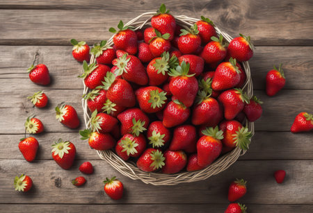Strawberries in a wicker basket on a wooden background.の素材