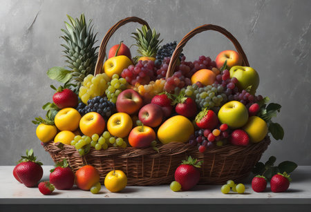 Basket of fresh fruits on a gray background. Still life.の素材