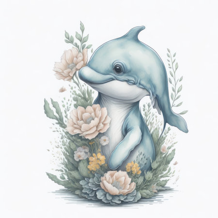 Watercolor illustration of a cute little dolphin with flowers on a white backgroundの写真素材