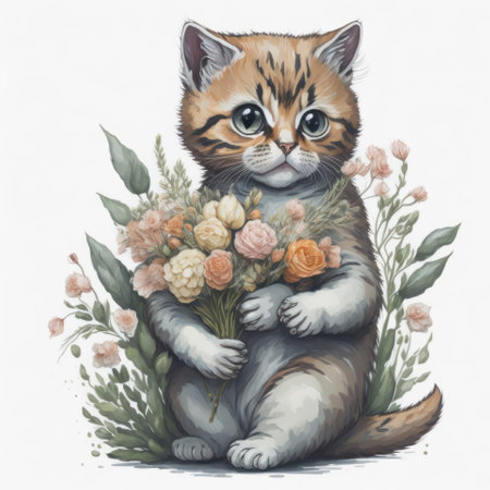 Cute kitten with a bouquet of flowers. Hand-drawn illustration.の写真素材