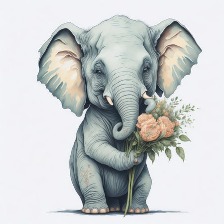 Elephant with bouquet of flowers on white background. Vector illustration.の写真素材