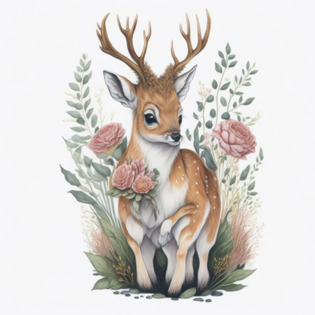 Watercolor illustration of a cute deer with a bouquet of flowers.の写真素材