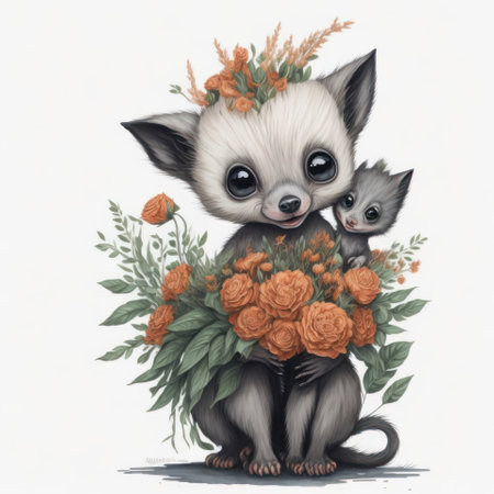 Cute little dog with a bouquet of flowers. Watercolor illustration.の写真素材