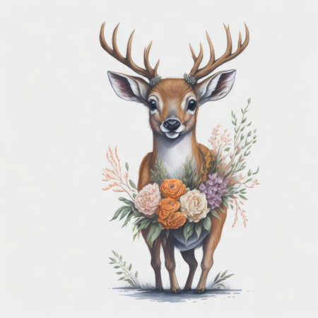 Watercolor illustration of a deer with a bouquet of flowers.の写真素材
