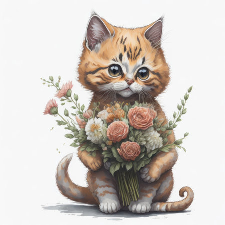 Cute kitten with a bouquet of flowers on a white backgroundの写真素材