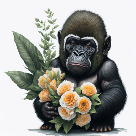 Gorilla with a bouquet of flowers on a white backgroundの写真素材