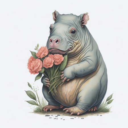Hippo with a bouquet of flowers on a white backgroundの写真素材
