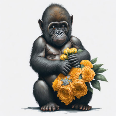 Gorilla with a bouquet of flowers on a white backgroundの写真素材