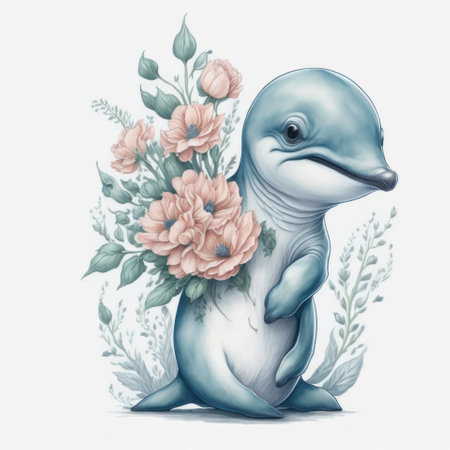 Cute little dolphin with a bouquet of flowers. Vector illustration.の写真素材