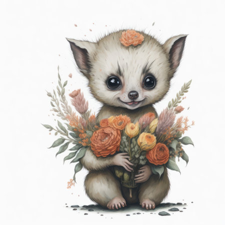Watercolor cute raccoon with a bouquet of flowers on a white backgroundの写真素材