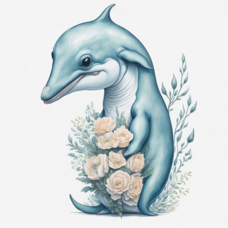 Dolphin with a bouquet of flowers on a white background.の写真素材