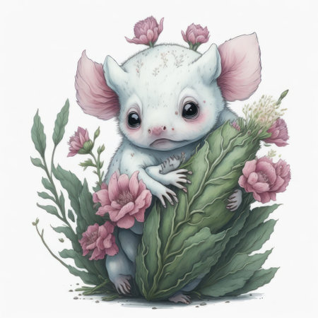 Cute cartoon mouse with flowers and leaves. Watercolor illustration.の写真素材