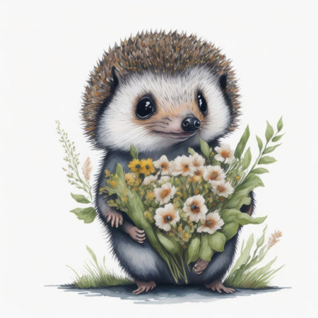 Hedgehog with a bouquet of flowers on a white backgroundの写真素材