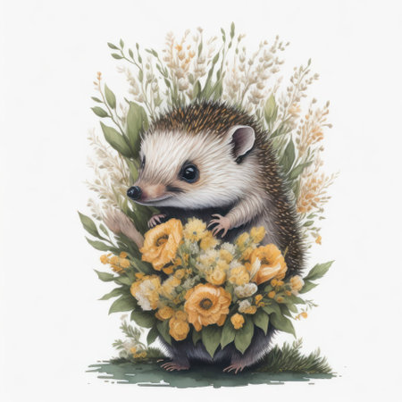 Hedgehog with a bouquet of flowers on a white backgroundの写真素材