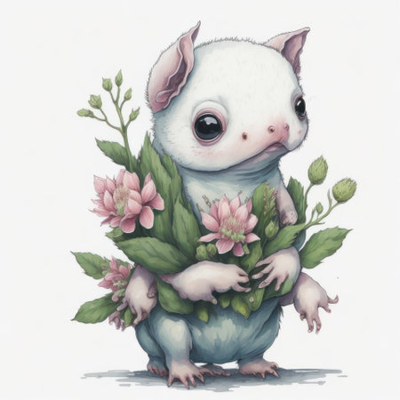 Cute little mouse with a bouquet of flowers. Vector illustration.の写真素材