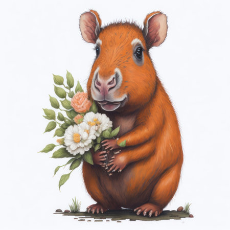 Hamster with a bouquet of flowers on a white background.の写真素材