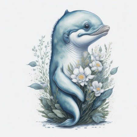 Watercolor illustration of a cute little dolphin with flowers and leaves.の写真素材