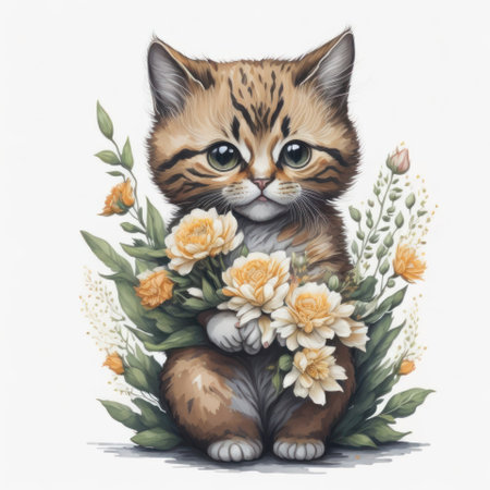 Cute kitten with flowers. Watercolor illustration on a white background.の写真素材