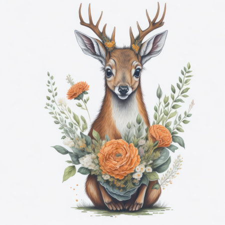 Watercolor illustration of a deer with a bouquet of flowers.の写真素材