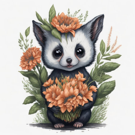 Portrait of cute lemur with flowers. Watercolor illustration.の写真素材