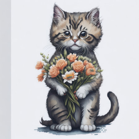 Cute kitten with a bouquet of flowers. Watercolor illustration.の写真素材