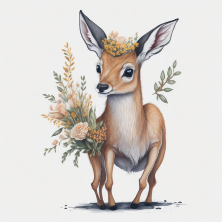Watercolor illustration of a young deer with a bouquet of flowers.の写真素材