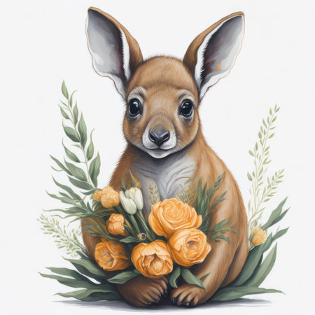 Cute kangaroo with a bouquet of flowers on a white backgroundの写真素材