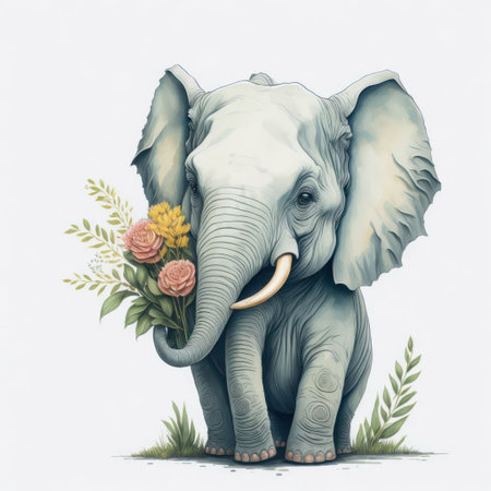 Elephant with a bouquet of flowers isolated on white background.の写真素材