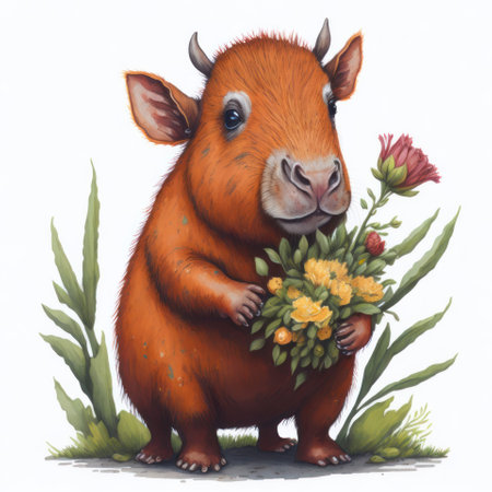 Cute little pig with a bouquet of wildflowers.の写真素材