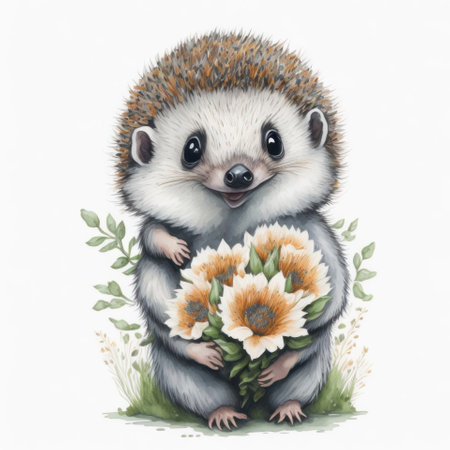 Cute hedgehog with bouquet of flowers. Watercolor illustration.の写真素材