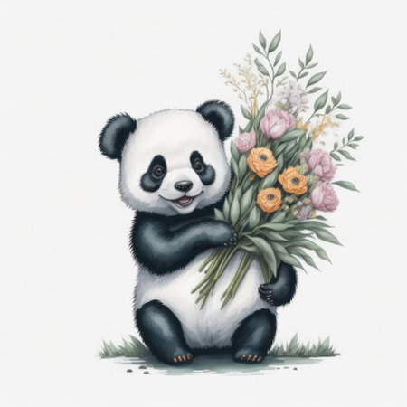 Cute panda with a bouquet of flowers. Watercolor illustration.の写真素材