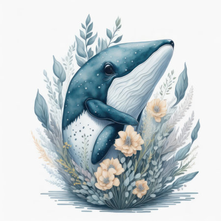 Watercolor illustration of a cute blue whale in the sea with flowersの写真素材