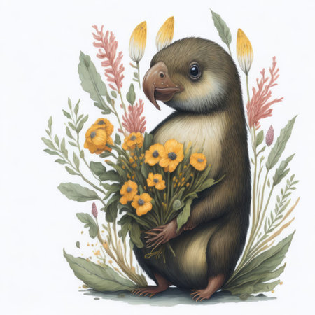 Illustration of a little mouse with a bouquet of flowers.の写真素材