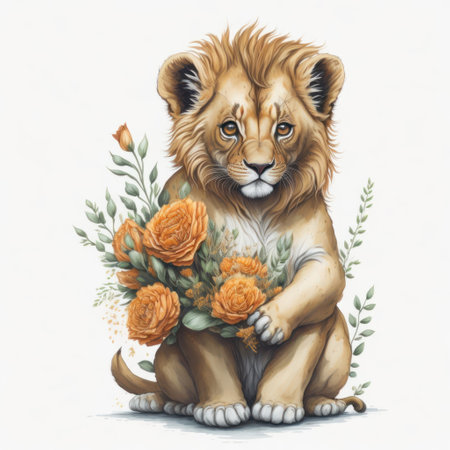 Lioness with a bouquet of flowers on a white backgroundの写真素材