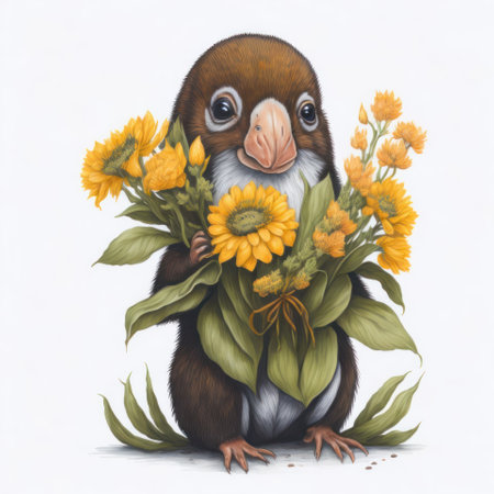 funny cartoon hamster with a bouquet of sunflowersの写真素材