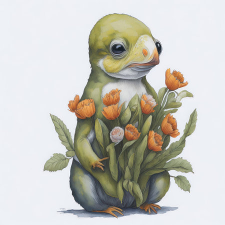 Cute green penguin with a bouquet of poppiesの写真素材